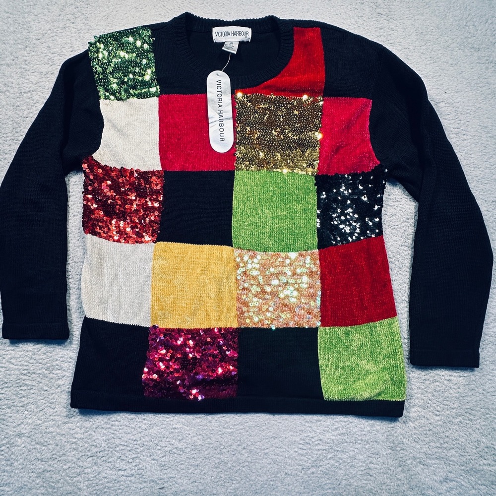 Vintage‎ 90s Victoria Harbour Women's XL Black Sequin Patchwork Sweater NWT